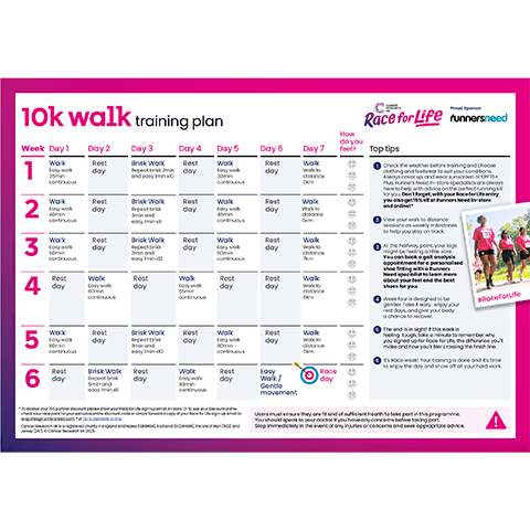 A thumbnail of the 10k walk training plan sheet.