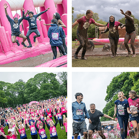 A collage of four images. Included are pictures of groups enjoying the Pretty Muddy course and of runners warming up.