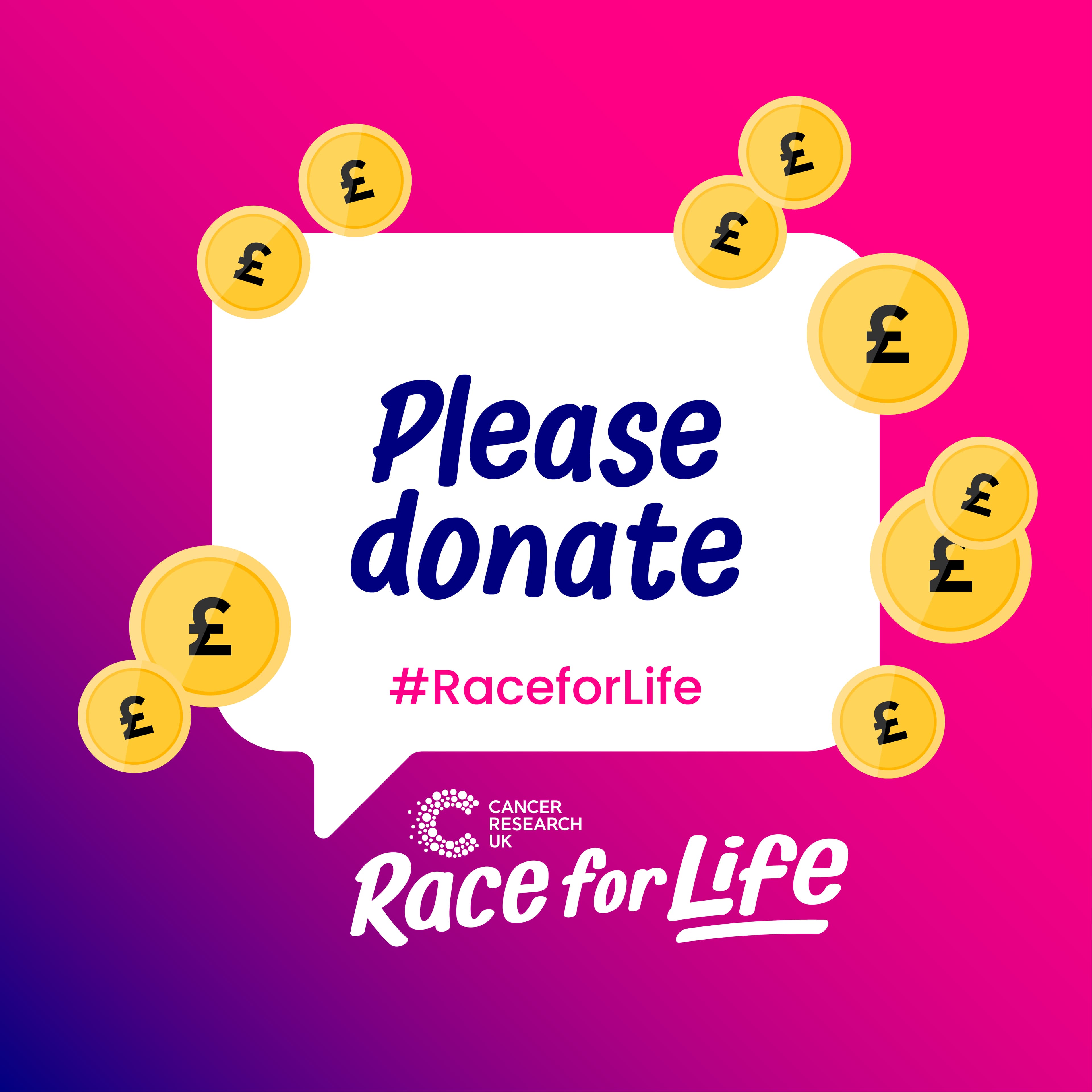 A downloadable badge with a pink background and yellow pound signs. The text reads Please Donate #RaceForLife.