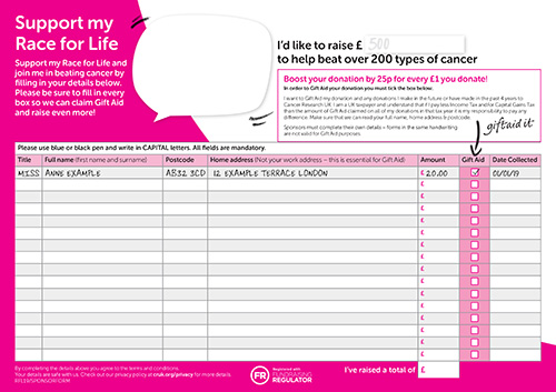The Race for Life sponsorship form 2020