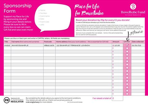 Race for Life for Bowelbabe Sponsorship Form