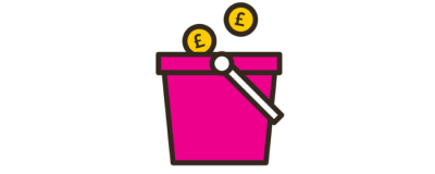 Illustration of a pink bucket with two coins going into it