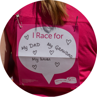 Race for Life back sign with writing on it