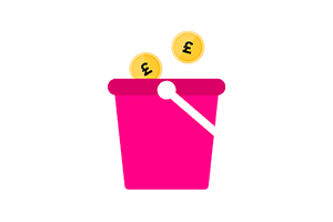 An illustration of a donations bucket with two pound coins going in.